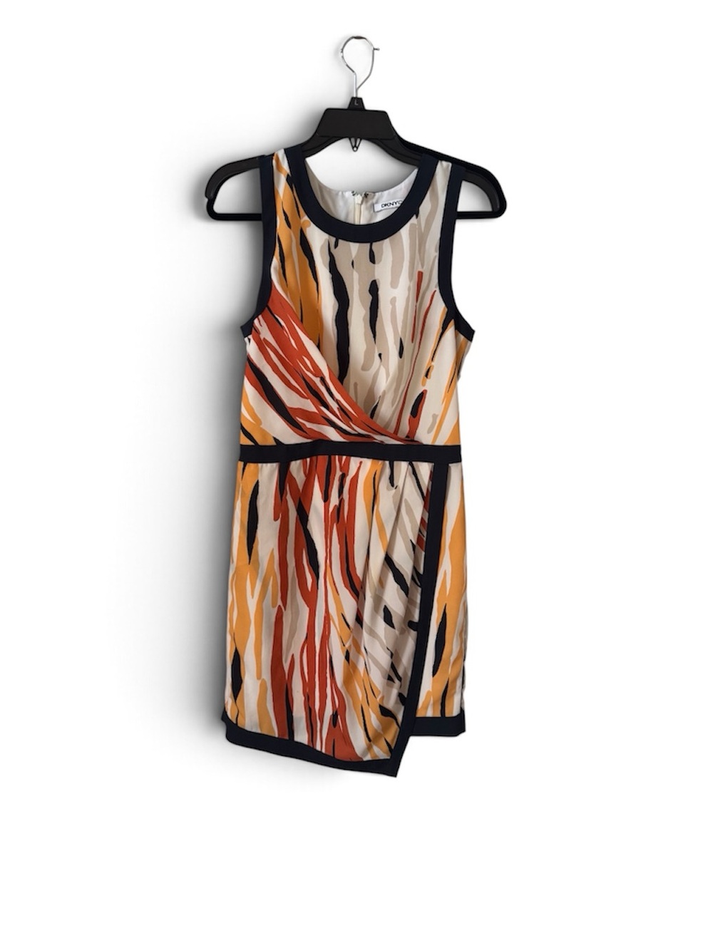 DKNY Asymmetrical Sleeveless Dress in Rust, Mustard & Black Trim